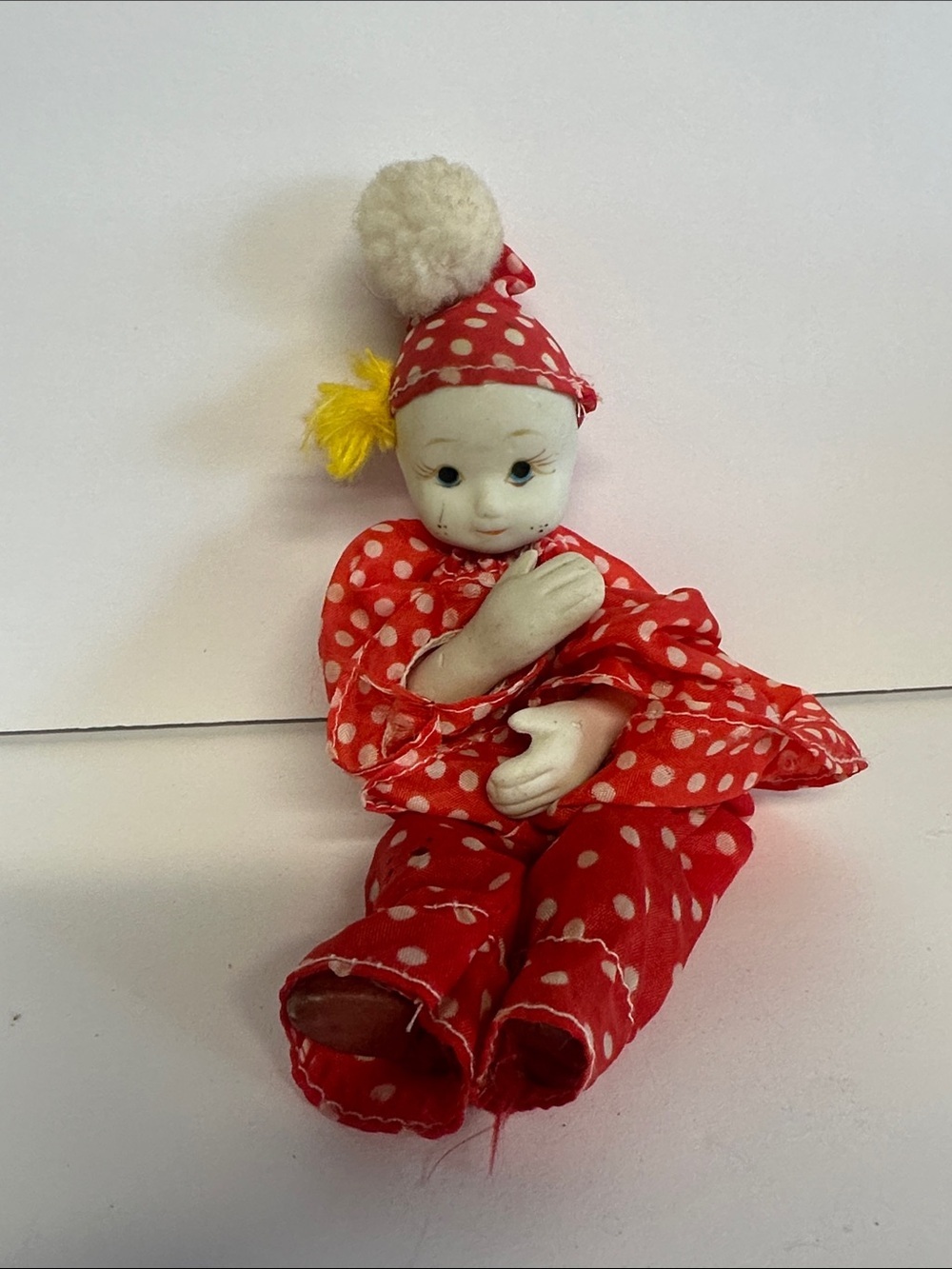 Vintage Porcelain Clown Doll in Red Polka Dot Outfit